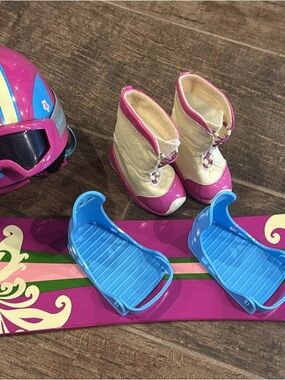 American Girl Pink Purple Blue Snowboard Set with Helmet and Boots